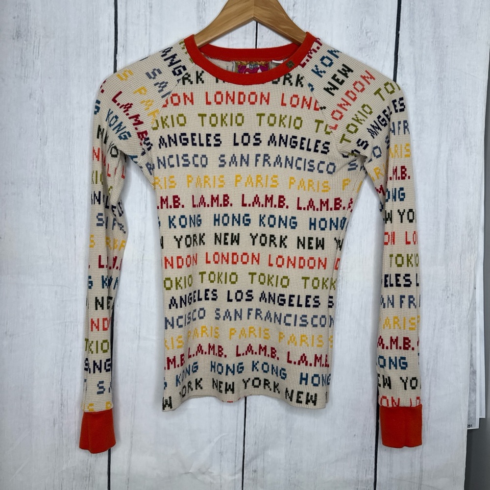 🛑SOLD-L.A.M.B. Women's Red and Cream City Print Long Sleeve Top